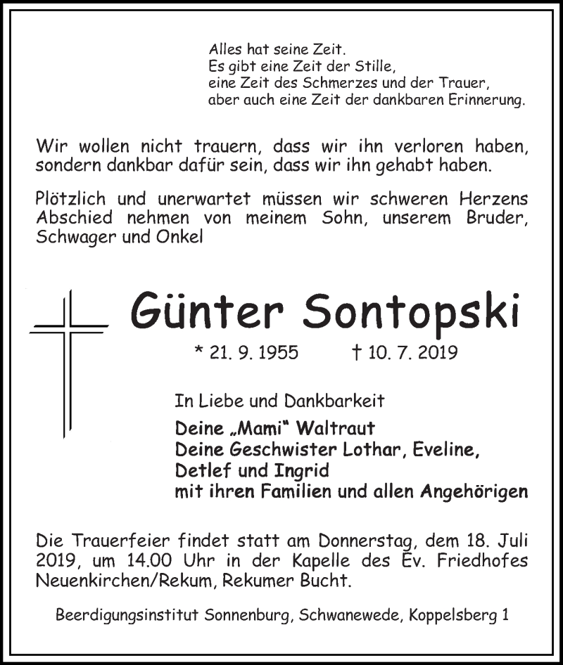 Traueranzeige von Günter Sontopski von Die Norddeutsche