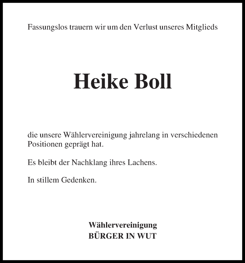  Traueranzeige für Heike Boll vom 27.07.2019 aus Die Norddeutsche