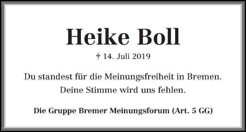  Traueranzeige für Heike Boll vom 27.07.2019 aus Die Norddeutsche