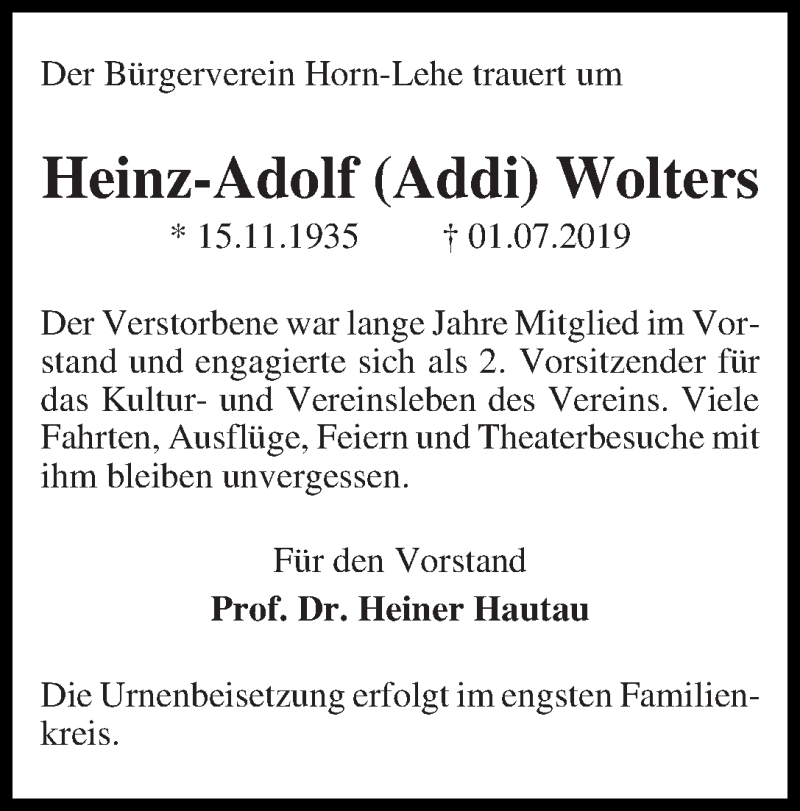Traueranzeige von Heinz-Adolf (Addi) Wolters von WESER-KURIER