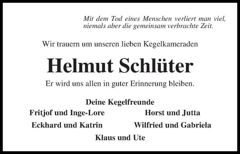 Traueranzeigen von Helmut Schlüter