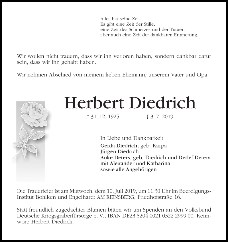  Traueranzeige für Herbert Diedrich vom 06.07.2019 aus WESER-KURIER