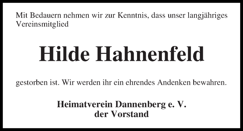  Traueranzeige für Hilde Hahnenfeld vom 20.07.2019 aus Wuemme Zeitung