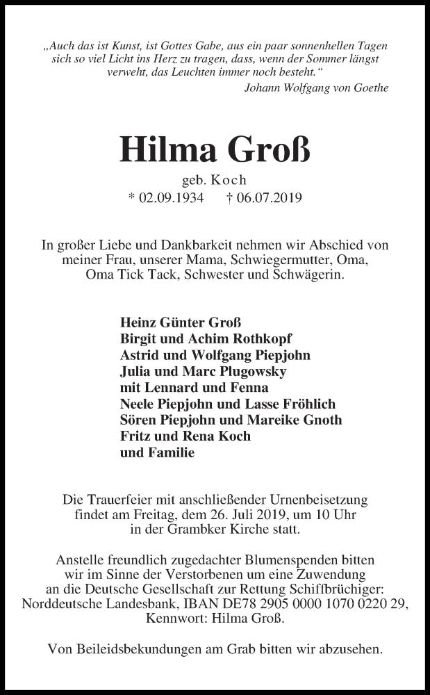 Traueranzeige von Hilma Groß von WESER-KURIER