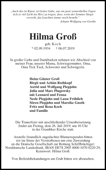 Traueranzeige von Hilma Groß