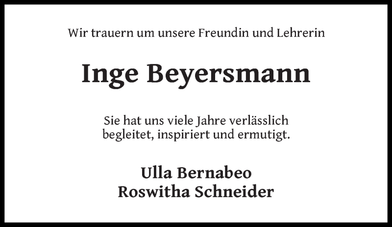  Traueranzeige für Inge Beyersmann vom 27.07.2019 aus WESER-KURIER