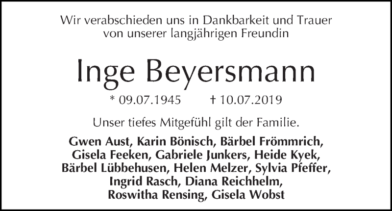  Traueranzeige für Inge Beyersmann vom 20.07.2019 aus WESER-KURIER