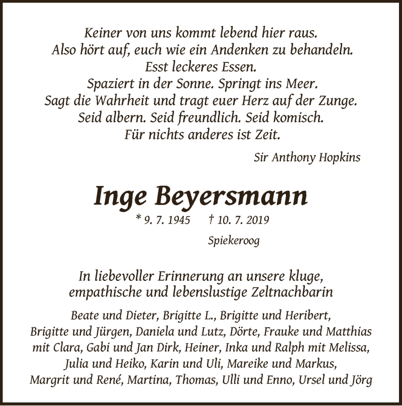  Traueranzeige für Inge Beyersmann vom 20.07.2019 aus WESER-KURIER