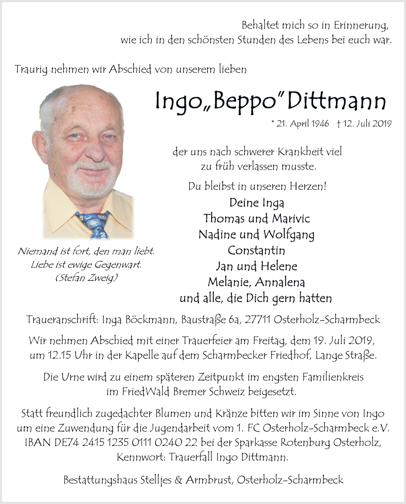  Traueranzeige für Ingo Dittmann vom 15.07.2019 aus Osterholzer Kreisblatt