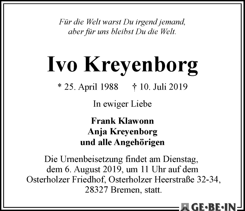  Traueranzeige für Ivo Kreyenborg vom 27.07.2019 aus WESER-KURIER
