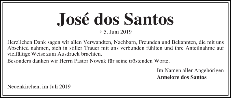 Traueranzeige von José dos Santos von Die Norddeutsche