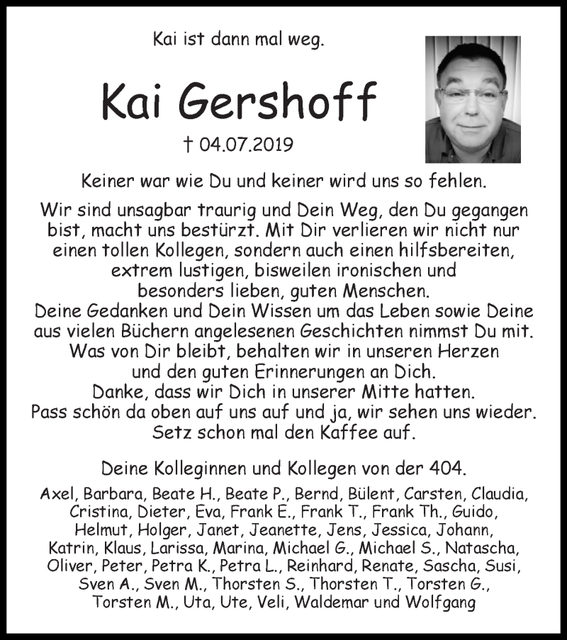  Traueranzeige für Kai Gershoff vom 13.07.2019 aus WESER-KURIER