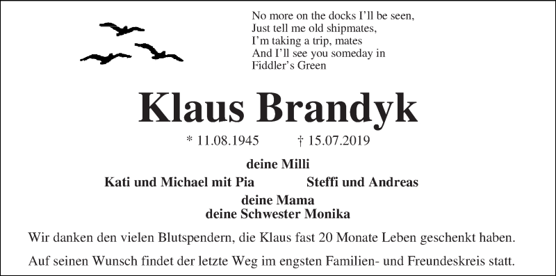  Traueranzeige für Klaus Brandyk vom 20.07.2019 aus WESER-KURIER