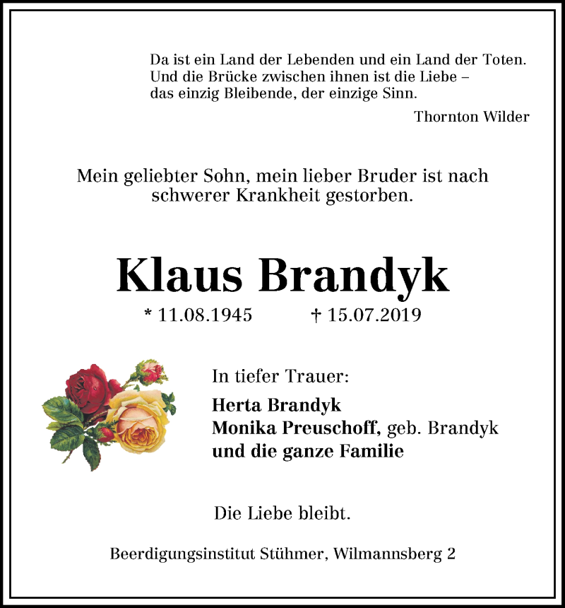  Traueranzeige für Klaus Brandyk vom 20.07.2019 aus Die Norddeutsche