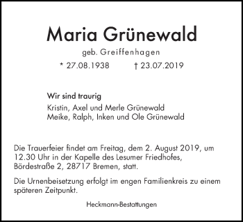 Traueranzeige von Maria Grünewald
