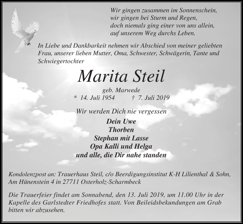  Traueranzeige für Marita Steil vom 10.07.2019 aus Osterholzer Kreisblatt
