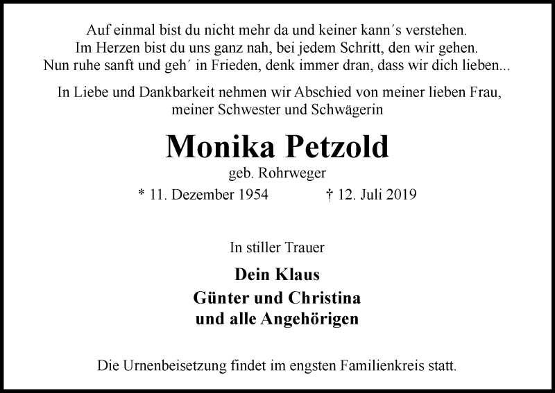  Traueranzeige für Monika Petzold vom 17.07.2019 aus Die Norddeutsche