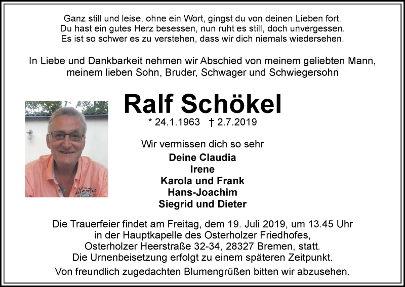 Traueranzeige für Ralf Schökel vom 11.07.2019 aus WESER-KURIER