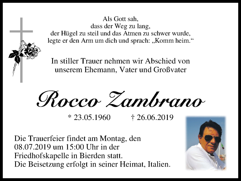  Traueranzeige für Rocco Zambrano vom 06.07.2019 aus Delmenhorster Kurier