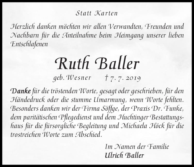  Traueranzeige für Ruth Baller vom 27.07.2019 aus WESER-KURIER