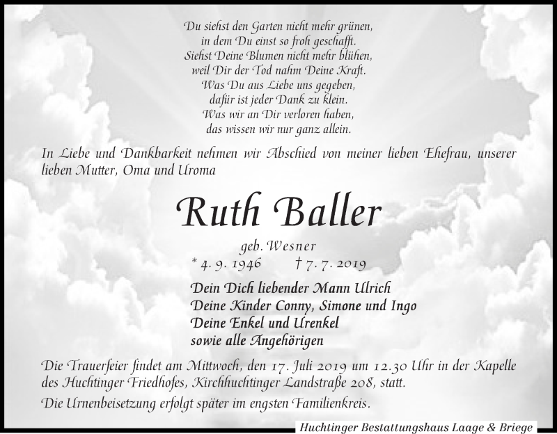  Traueranzeige für Ruth Baller vom 10.07.2019 aus WESER-KURIER