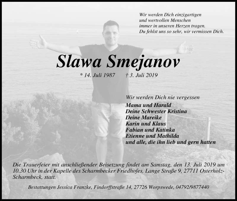  Traueranzeige für Slawa Smejanov vom 10.07.2019 aus Wuemme Zeitung