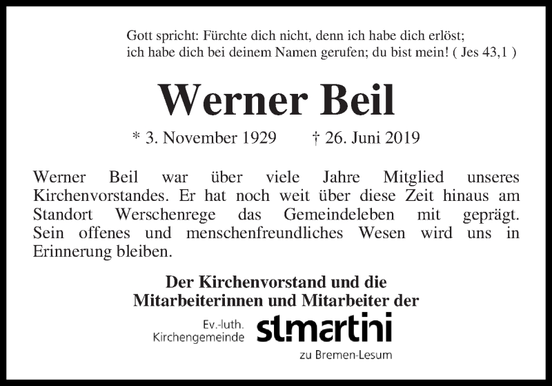  Traueranzeige für Werner Beil vom 02.07.2019 aus Osterholzer Kreisblatt