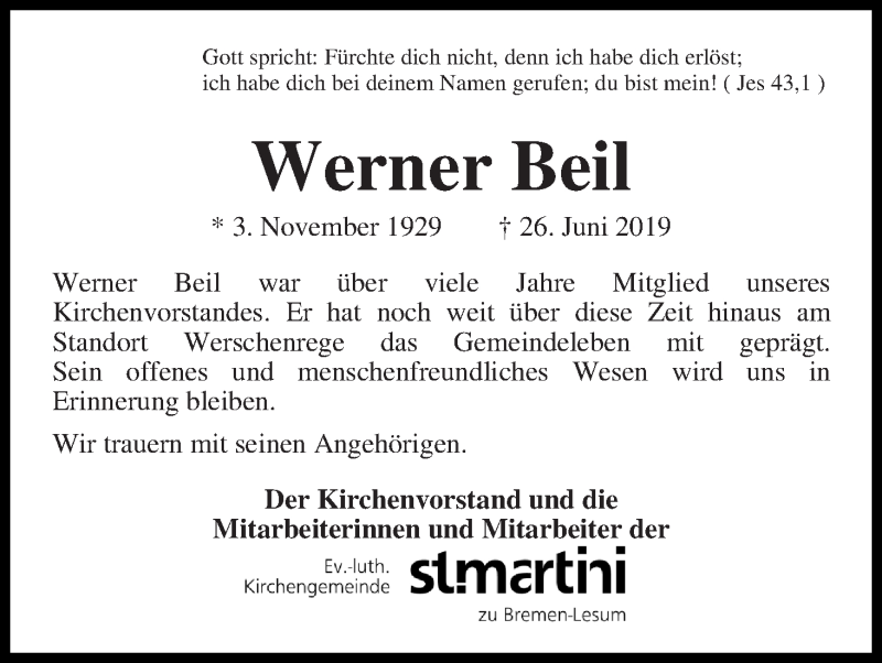  Traueranzeige für Werner Beil vom 03.07.2019 aus Die Norddeutsche