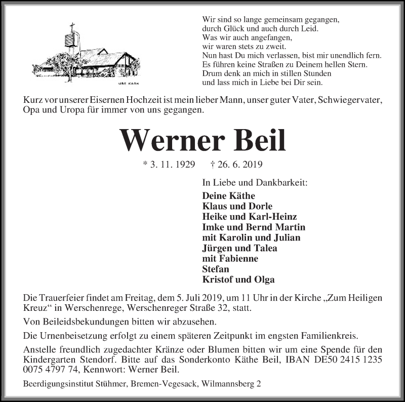  Traueranzeige für Werner Beil vom 02.07.2019 aus WESER-KURIER