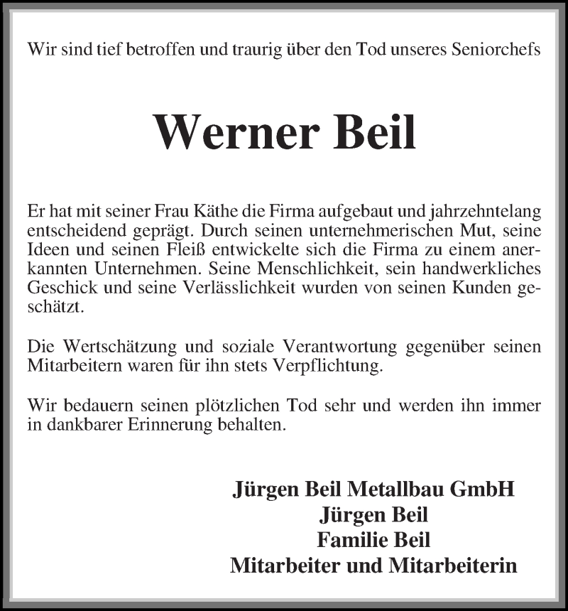  Traueranzeige für Werner Beil vom 02.07.2019 aus Osterholzer Kreisblatt