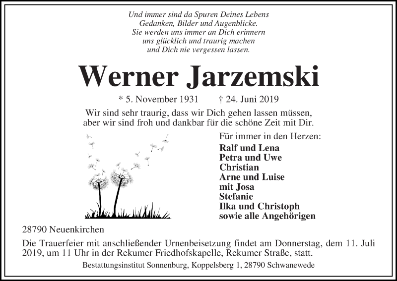 Traueranzeige von Werner Jarzemski von Die Norddeutsche