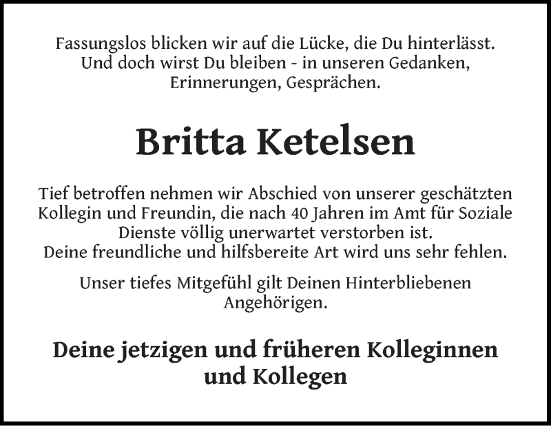  Traueranzeige für Britta Ketelsen vom 22.06.2019 aus 