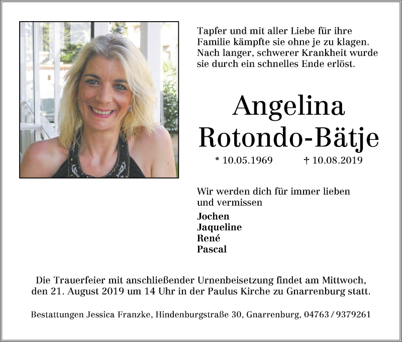  Traueranzeige für Angelina Rotondo-Bätje vom 15.08.2019 aus Osterholzer Kreisblatt