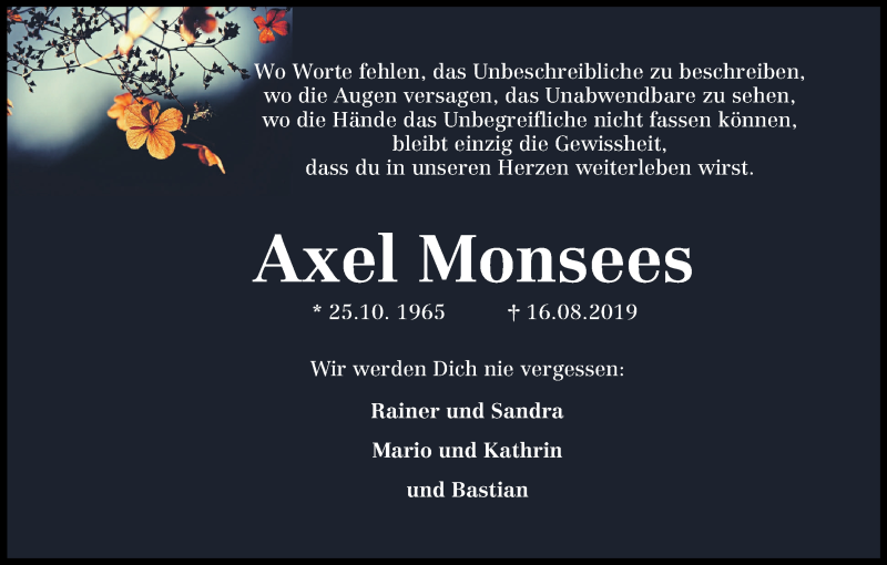  Traueranzeige für Axel Monsees vom 21.08.2019 aus Osterholzer Kreisblatt