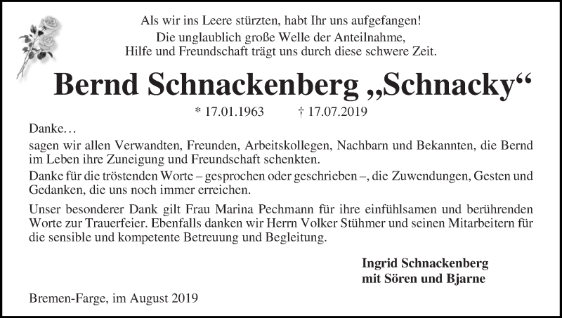  Traueranzeige für Bernd Schnackenberg vom 17.08.2019 aus Die Norddeutsche