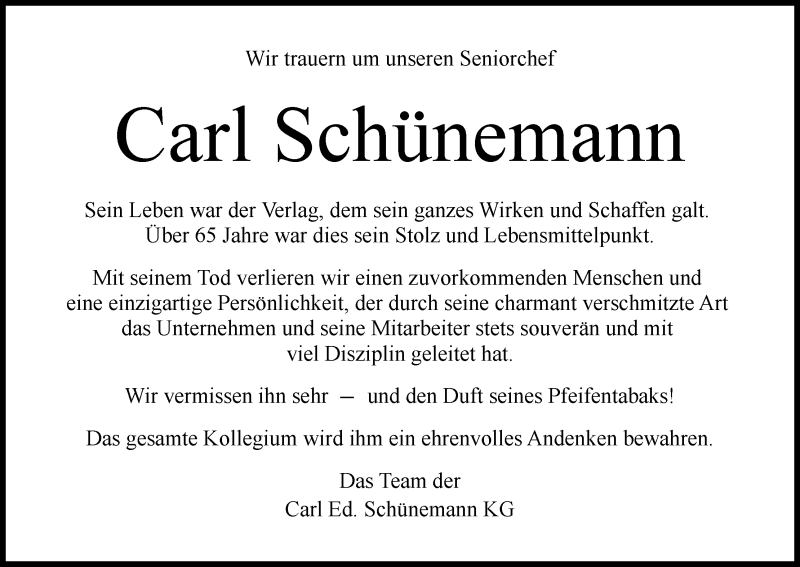 Traueranzeige von Carl Schünemann von WESER-KURIER