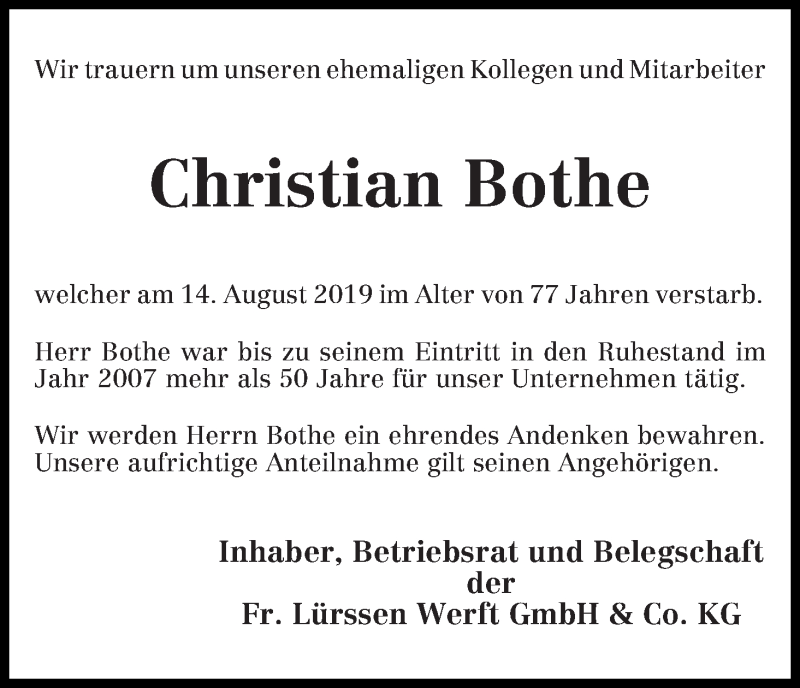  Traueranzeige für Christian Bothe vom 17.08.2019 aus Die Norddeutsche