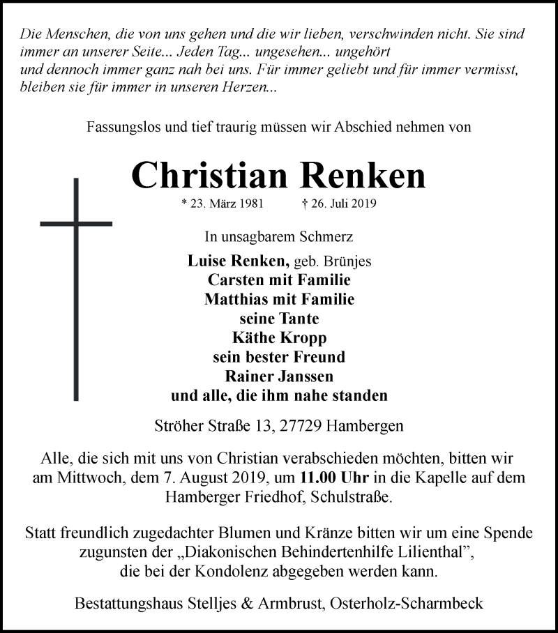  Traueranzeige für Christian Renken vom 01.08.2019 aus Osterholzer Kreisblatt