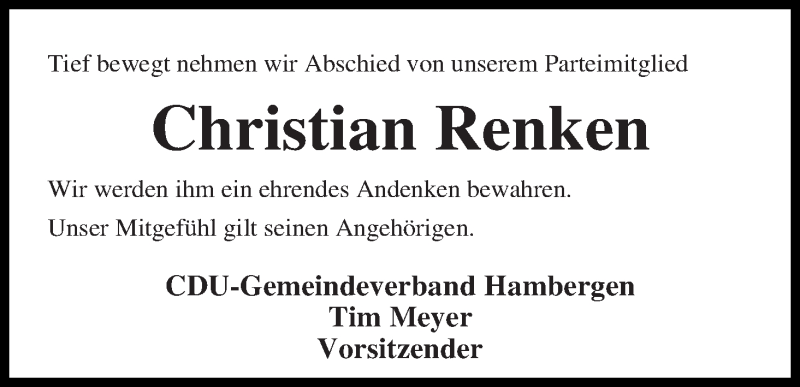  Traueranzeige für Christian Renken vom 07.08.2019 aus Osterholzer Kreisblatt
