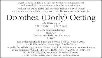 Traueranzeige von Dorothea (Dorly) Oetting
