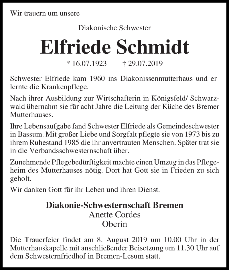  Traueranzeige für Elfriede Schmidt vom 03.08.2019 aus WESER-KURIER