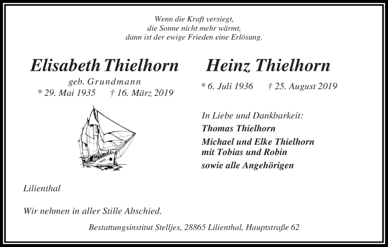 Traueranzeige von Elisabeth und Heinz Thielhorn von Wuemme Zeitung