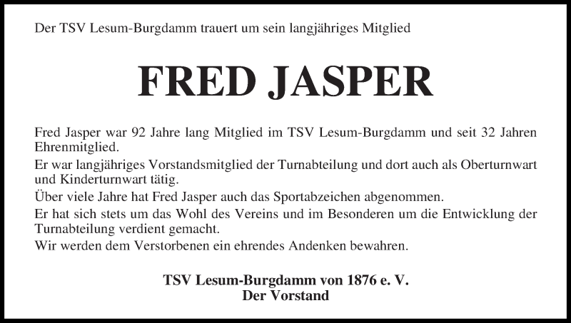 Traueranzeige von Fred Jasper von Die Norddeutsche