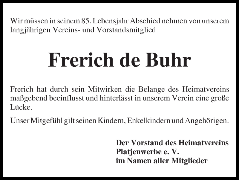 Traueranzeige von Frerich de Buhr von WESER-KURIER