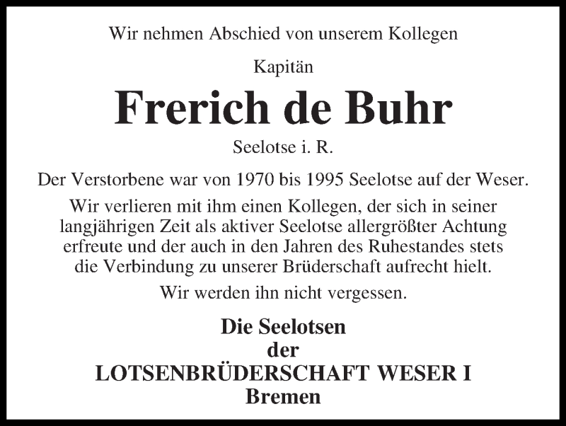 Traueranzeige von Frerich de Buhr von WESER-KURIER