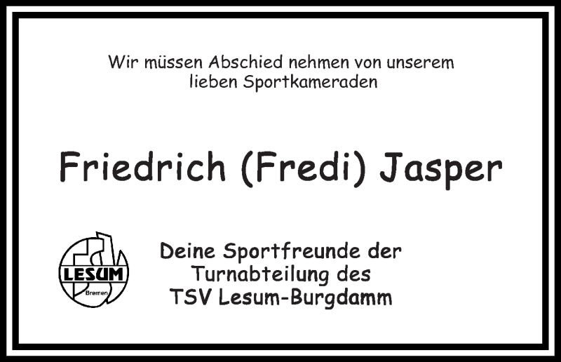 Traueranzeige von Friedrich (Fredi) Jasper von Die Norddeutsche