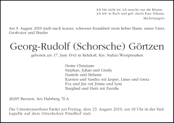 Traueranzeige von Georg-Rudolf (Schorsche) Görtzen