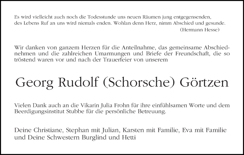  Traueranzeige für Georg Rudolf Görtzen vom 31.08.2019 aus WESER-KURIER