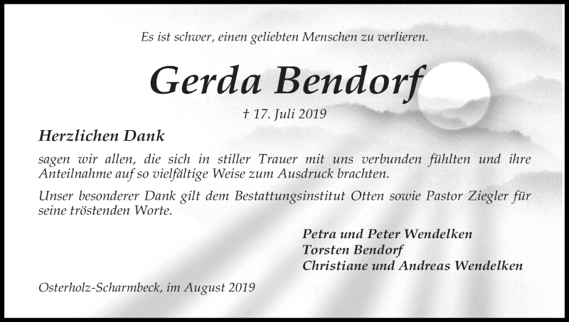 Traueranzeige von Gerda Bendorf von Osterholzer Kreisblatt