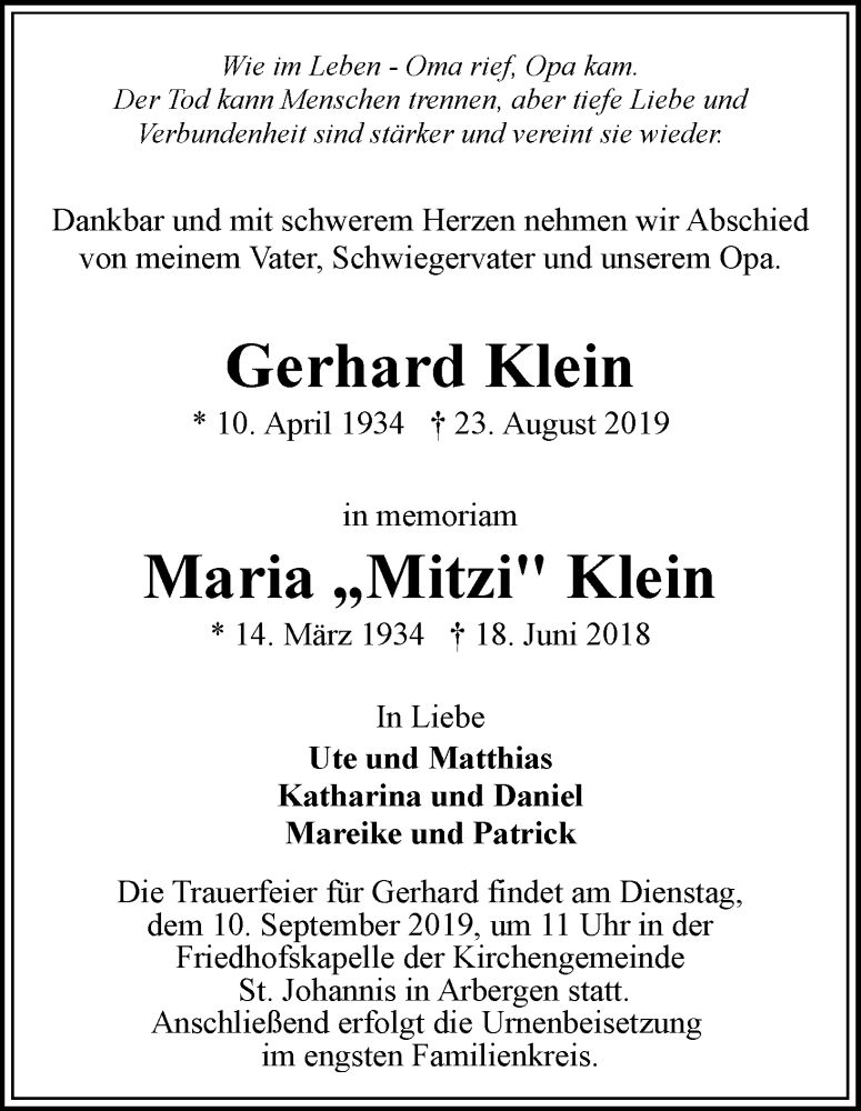 Traueranzeige von Gerhard und Maria Klein von WESER-KURIER